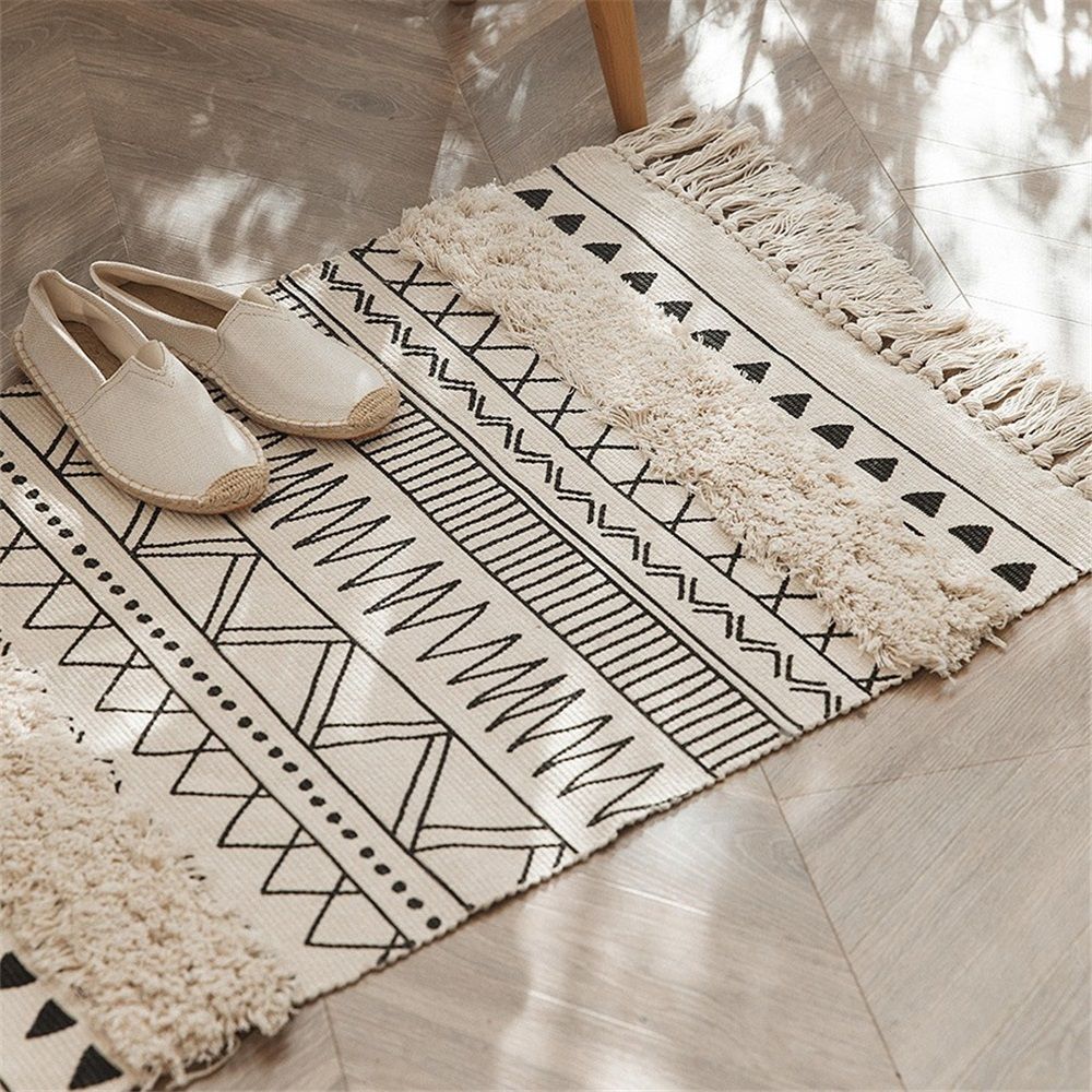 Bohemian Rugs- Cotton Braided Black and White Rug Decorative Hand Woven Front Porch Doormat with Tassel（Black and white tassel）