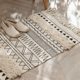 Bohemian Rugs- Cotton Braided Black and White Rug Decorative Hand Woven Front Porch Doormat with Tassel（Black and white tassel）