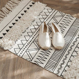 Bohemian Rugs- Cotton Braided Black and White Rug Decorative Hand Woven Front Porch Doormat with Tassel（Black and white tassel）