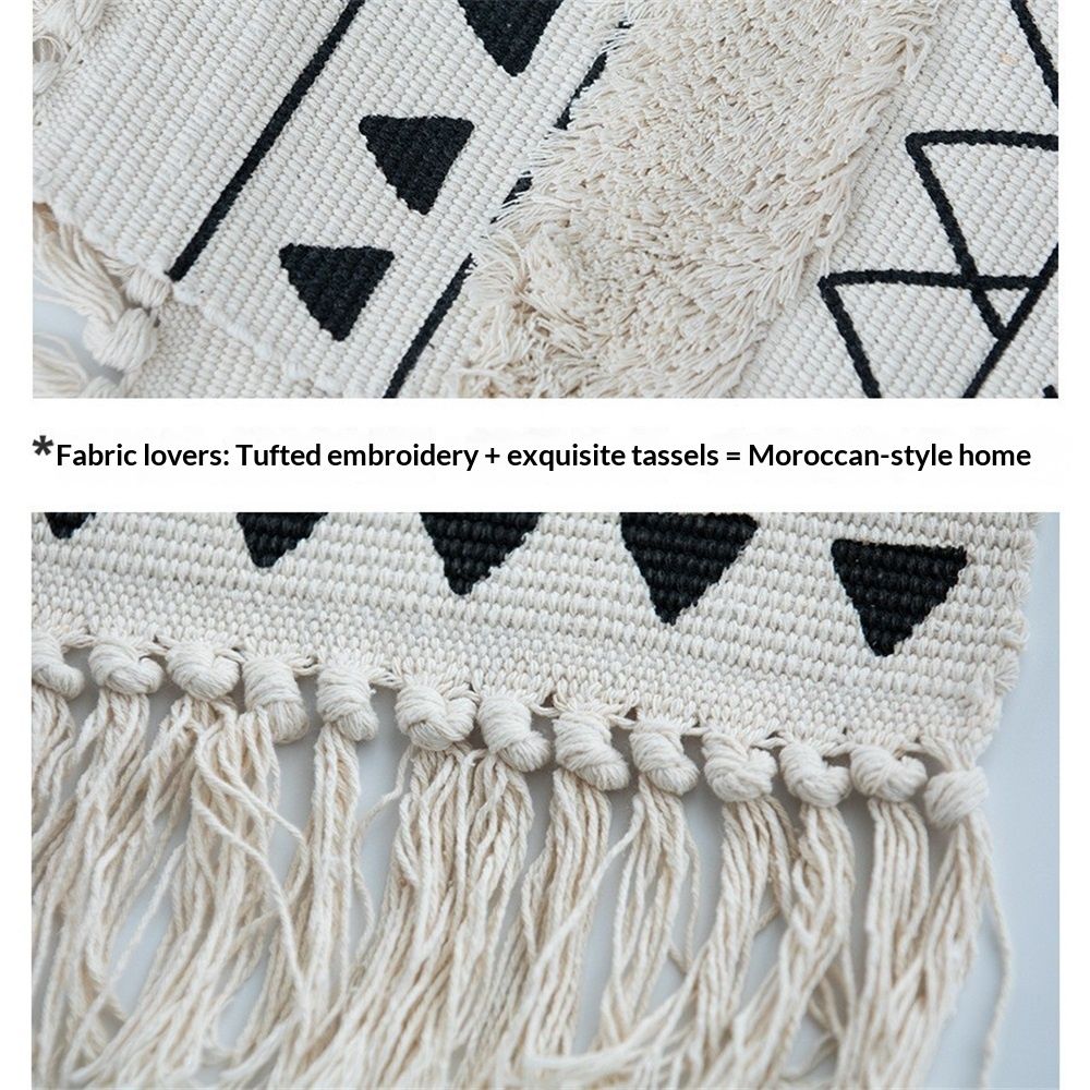 Bohemian Rugs- Cotton Braided Black and White Rug Decorative Hand Woven Front Porch Doormat with Tassel（Black and white tassel）