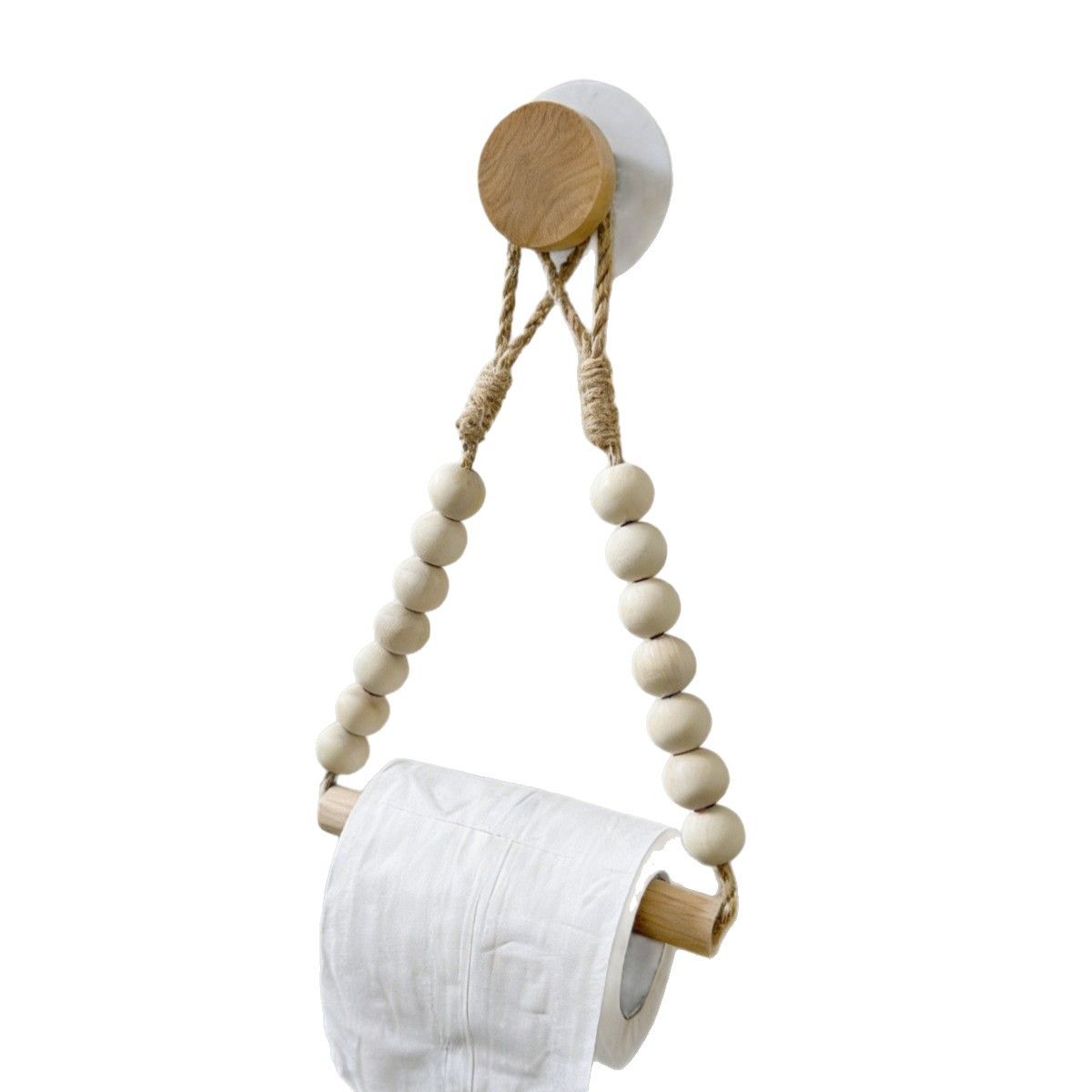 Rope Toilet Paper Holder, Wood Bead Hemp Rope Towel Holder, 2 Pcs Wall Mount Boho Toilet Tissue Holder No-Drill Bathroom Towel Holder