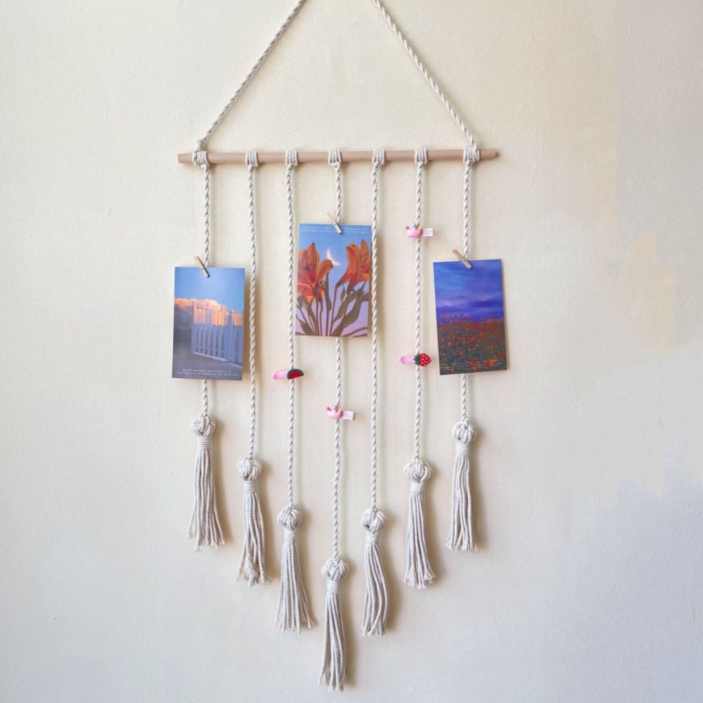 Hanging Photo Display Wall Decor - Handwoven Boho Picture Collage Decor Hanger with 8Wooden Clips & Cotton String Holder Organizer for Bedroom, Living Room, Home, Dorm, Gift