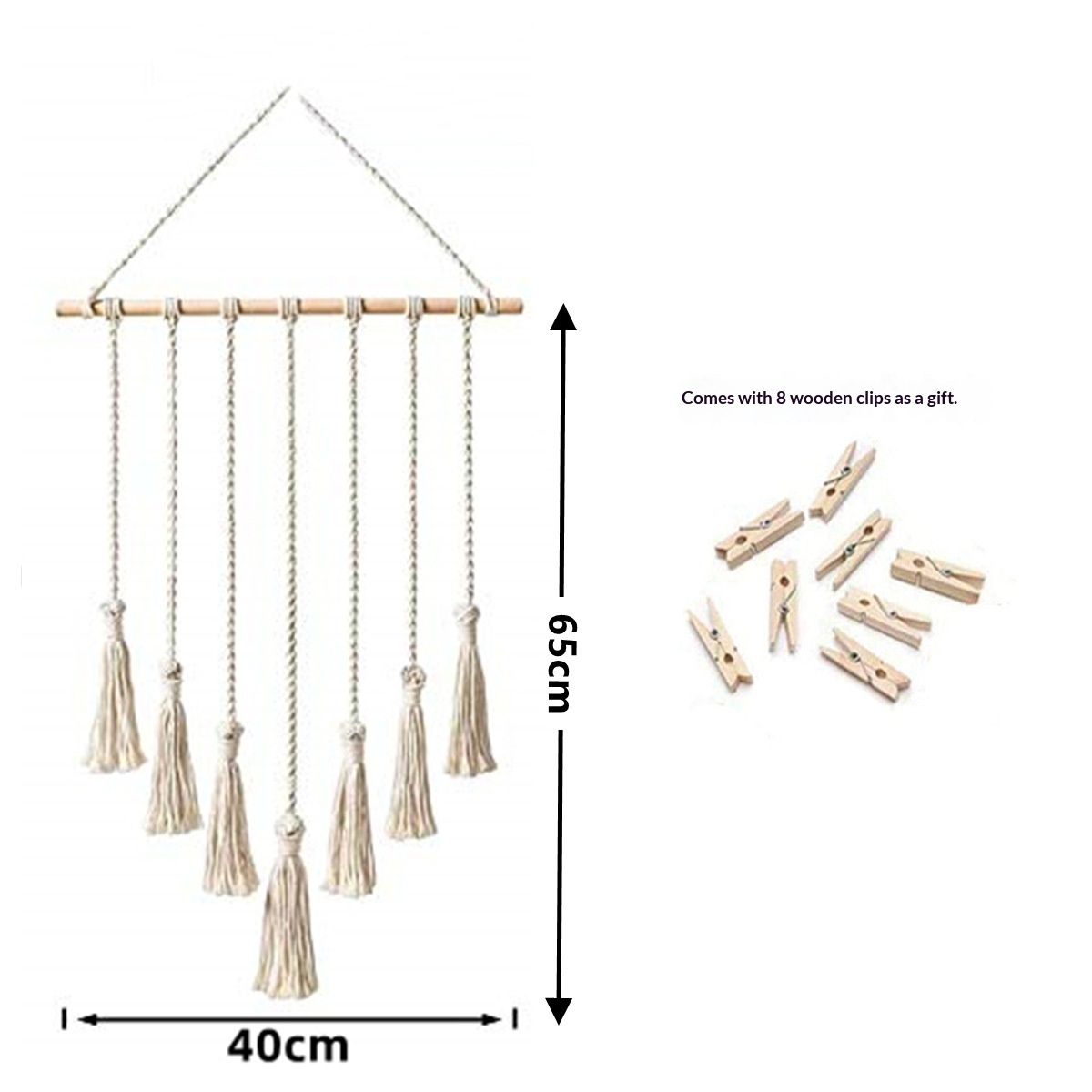 Hanging Photo Display Wall Decor - Handwoven Boho Picture Collage Decor Hanger with 8Wooden Clips & Cotton String Holder Organizer for Bedroom, Living Room, Home, Dorm, Gift