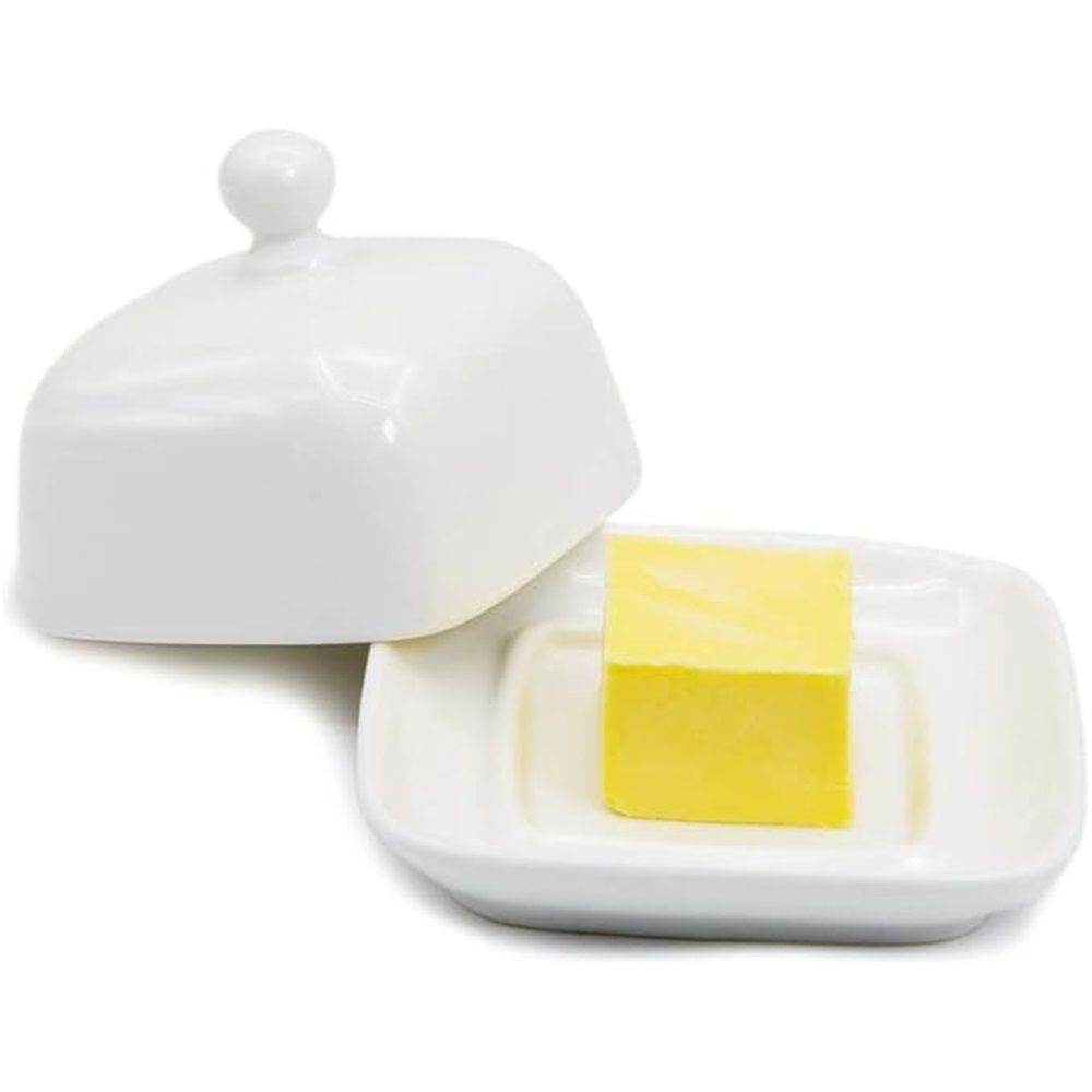 Rectangle Butter Dish with Lid, White  Domed Cheese Dish with Handle Individual Serving Mini Butter Tray, Cute Ceramic Dessert Serving Bowl for Table, Countertop, Refrigerator