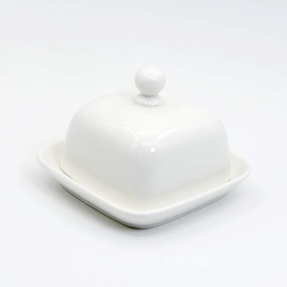 Rectangle Butter Dish with Lid, White  Domed Cheese Dish with Handle Individual Serving Mini Butter Tray, Cute Ceramic Dessert Serving Bowl for Table, Countertop, Refrigerator