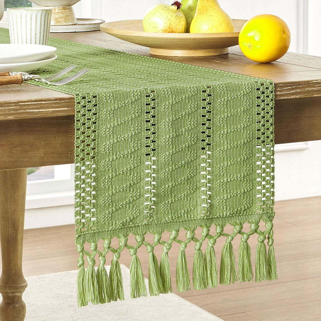 Cotton and linen table flag knotted tassel, Green Table Runners , Farmhouse Woven Home Decor, 30*140cm, Green