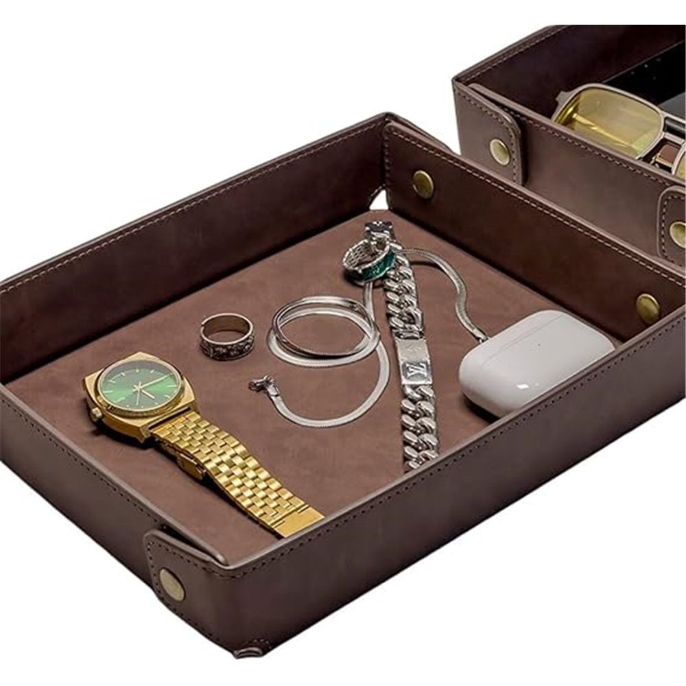 PU Leather Valet Tray Nightstand Desk Organizer for Men Women Home Office Phone Watch Jewelry Glasses Keys Coins Storage（Light brown large size）
