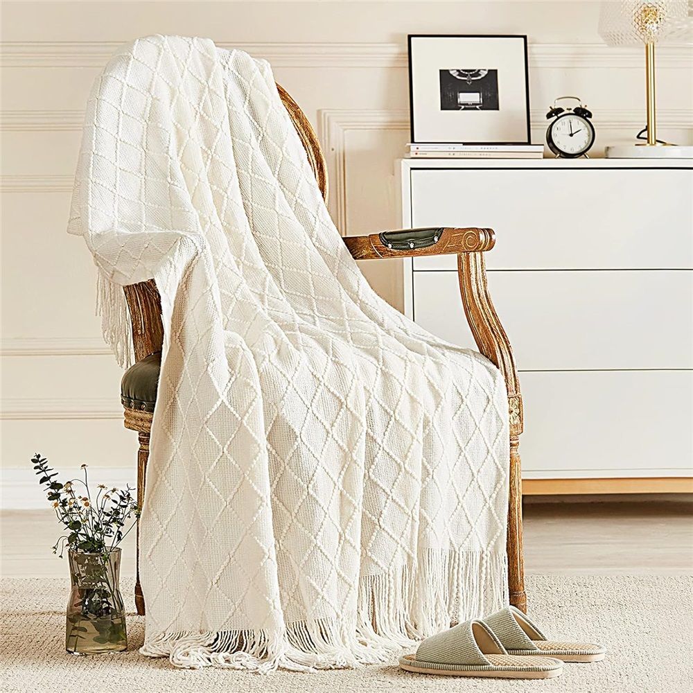 Fluffy Fringe Throw Blanket Lightweight Soft Cozy for Bed Sofa Chair Throw Blankets, Off White 127*182cm