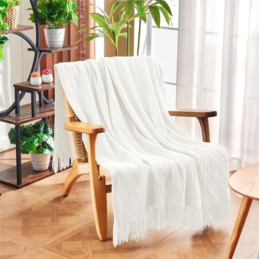 Fluffy Fringe Throw Blanket Lightweight Soft Cozy for Bed Sofa Chair Throw Blankets, Off White 127*182cm