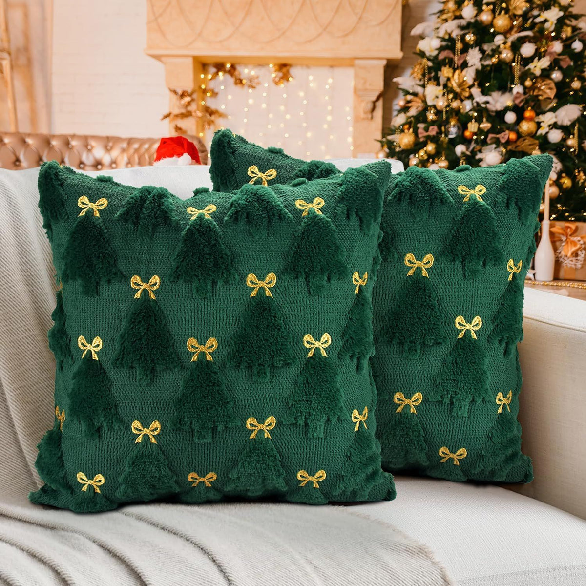 Christmas Pillow Covers 18 x 18 inch Set of 2, Dark Green Christmas Tree Throw Pillows Decorations for Home Decor Winter Holiday Xmas Party Bedroom Sofa