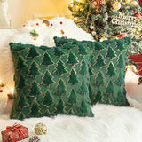 Christmas Throw Pillow Covers 18 x 18 Inch Set of 2, Green Christmas Tree with Gold Sequins, Winter Holiday Faux Fur Pillowcases Decor for Home Couch Sofa
