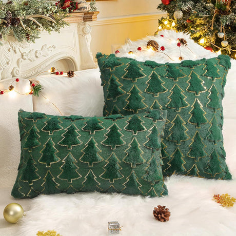 Christmas Throw Pillow Covers 18 x 18 Inch Set of 2, Green Christmas Tree with Gold Sequins, Winter Holiday Faux Fur Pillowcases Decor for Home Couch Sofa