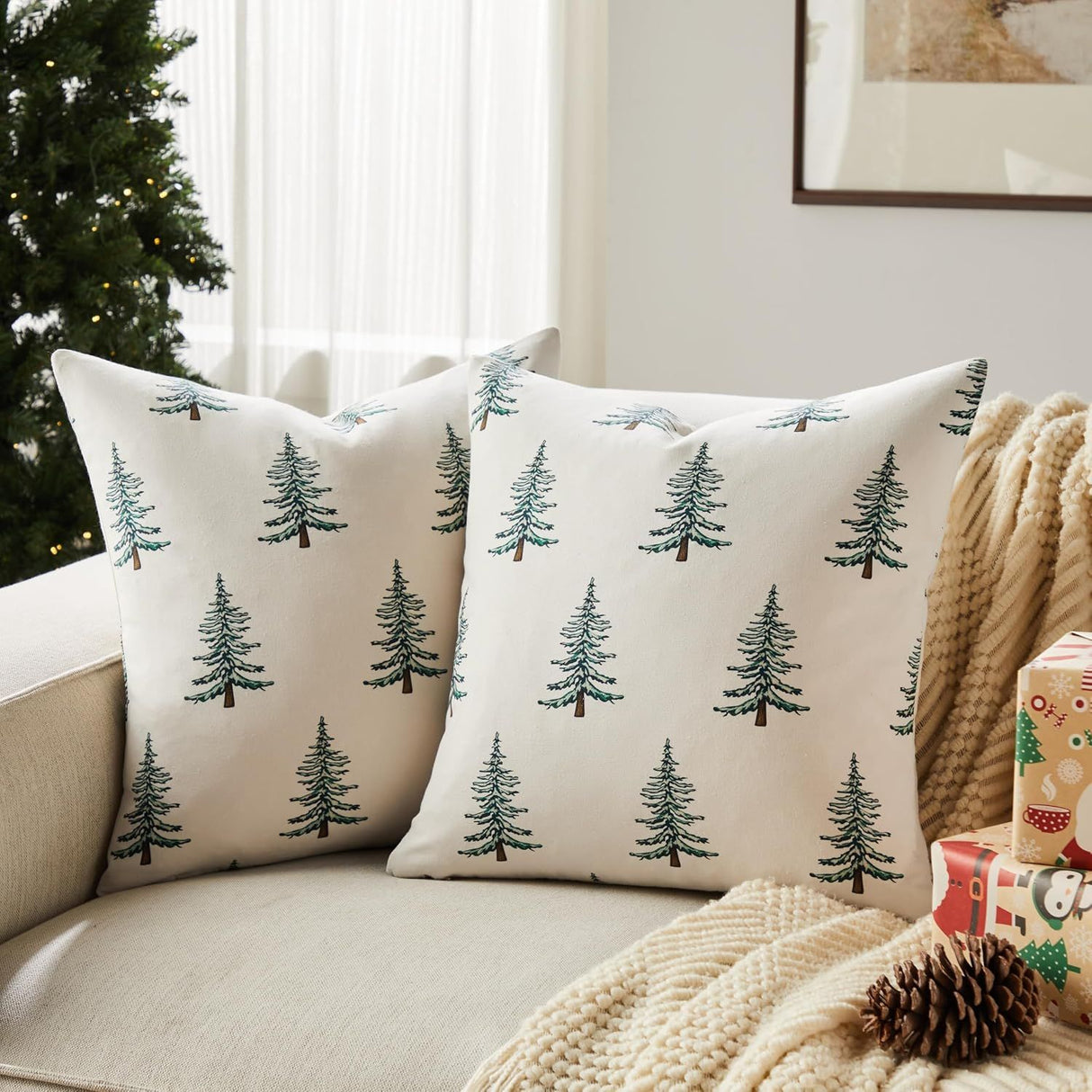 100% Cotton Christmas Pillow Covers Set of 2, 18x18 Inch Christmas Green, Winter Tree Print Decorative Xmas Throw Pillow Covers Cushion Case Winter Home Decor for Sofa Bed Living Room