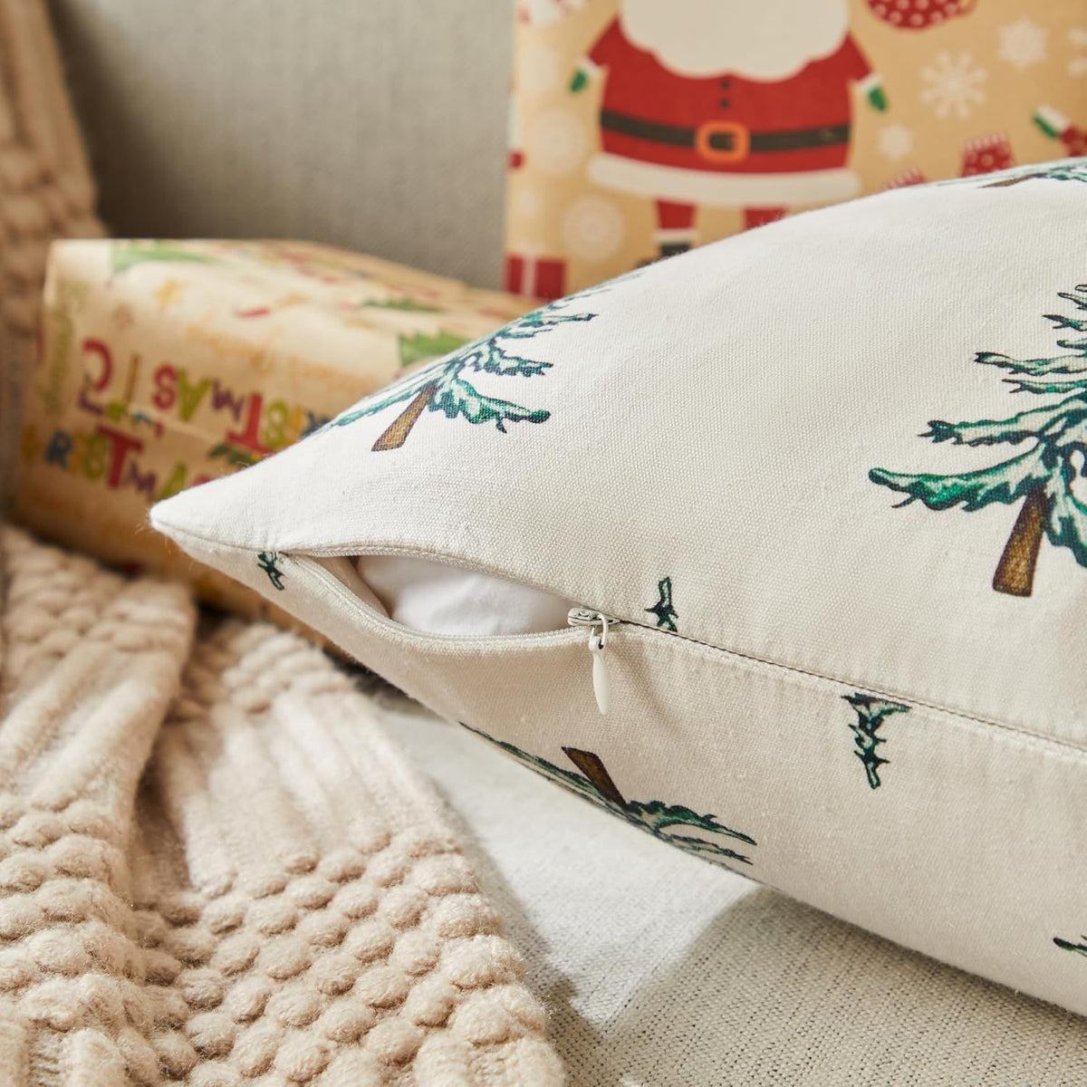 100% Cotton Christmas Pillow Covers Set of 2, 18x18 Inch Christmas Green, Winter Tree Print Decorative Xmas Throw Pillow Covers Cushion Case Winter Home Decor for Sofa Bed Living Room