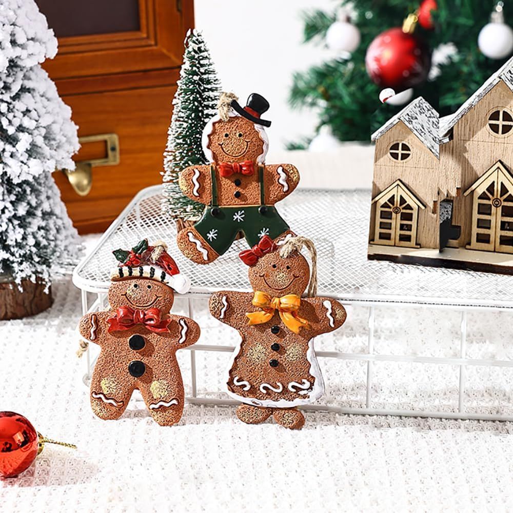 Gingerbread Christmas Decorations 3pcs Resin Hanging Xmas Ornaments Christmas Tree Decorations for Winter, New Year Party Supplies, Wedding Home Kitchen Decor 3.5 Inch Tall