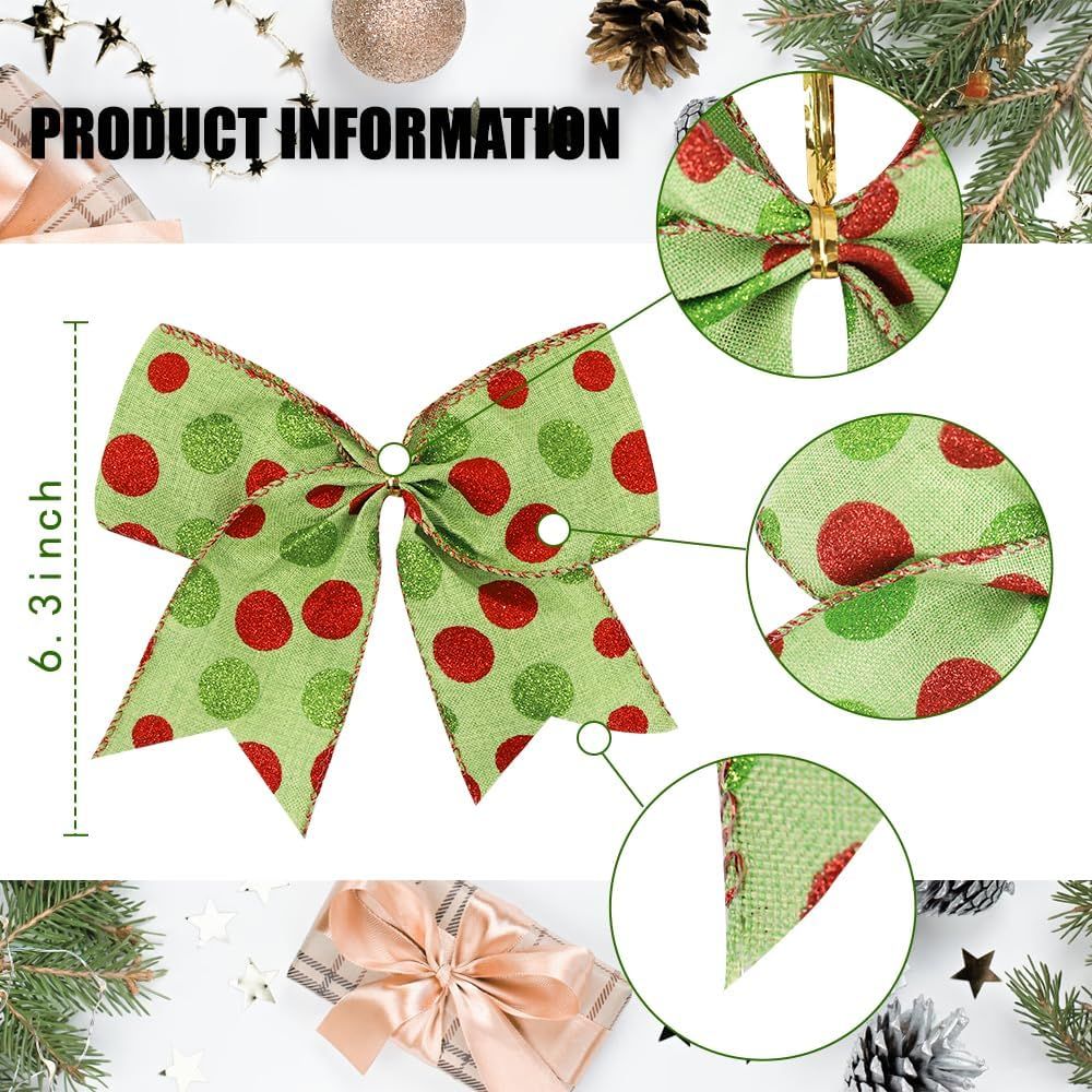 12pcs Christmas Bows Ornaments 6.3 Inch Large Christmas Wreath Bows Red Green Xmas Tree Bow Glitter Dot Bows Ribbons Decoration for Garland Wedding Home Holiday Party