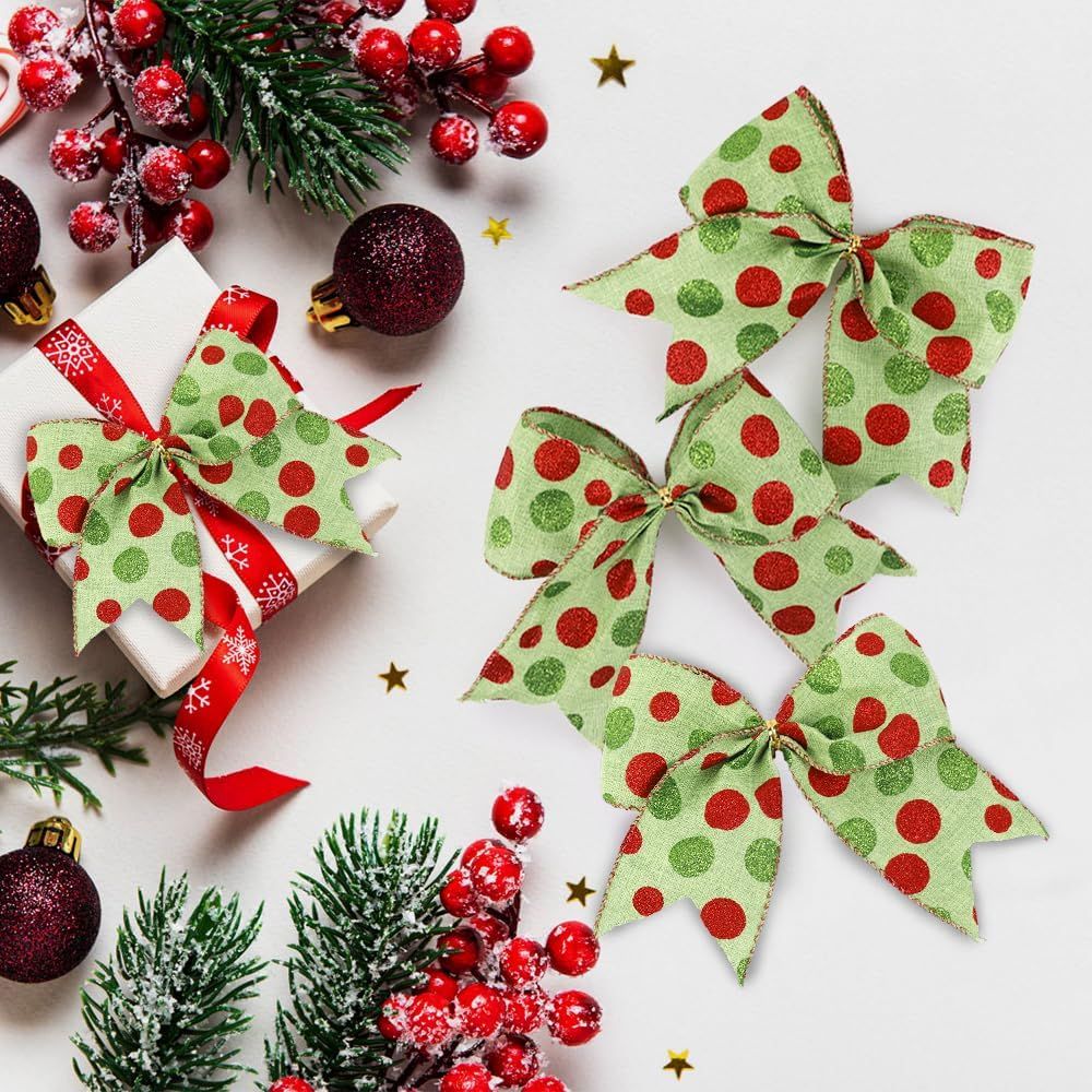12pcs Christmas Bows Ornaments 6.3 Inch Large Christmas Wreath Bows Red Green Xmas Tree Bow Glitter Dot Bows Ribbons Decoration for Garland Wedding Home Holiday Party