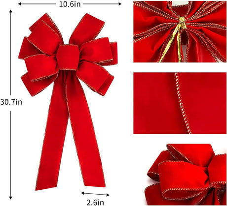 6 PCS Large Christmas Bow - 30.7" x 10.6" Christmas Valentine's Day Golden Edged Red Velvet Wreath Bow Christmas Tree Topper Ornament Bow for Christmas Home Wreath Tree Decoration