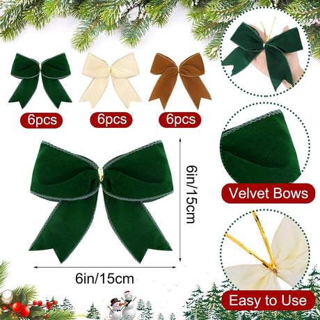 18 Pcs Christmas Velvet Bows 6 Inch Rustic Holiday Wreath Bows Vintage Xmas Ribbon Bows for Christmas Tree Wreath DIY Home Decorations
