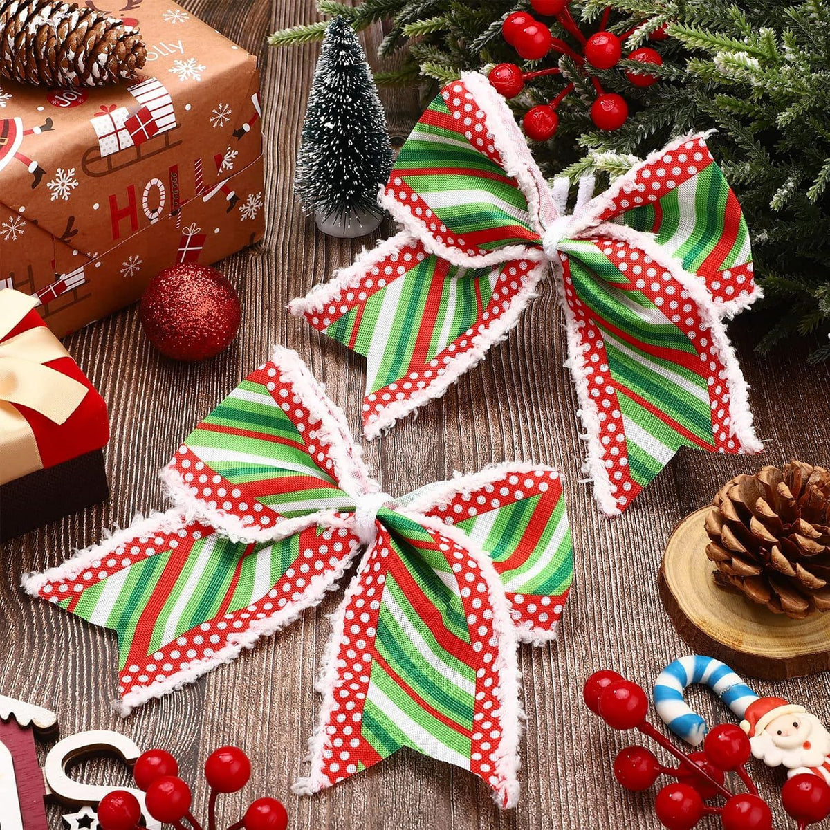 12 Pcs Red Green Christmas Bows Decoration 6 Inch Large Christmas Wreaths Bows Xmas Tree Dot Ribbons Ornaments for Garland Wedding Party(Red and Green,Stripe Pattern)