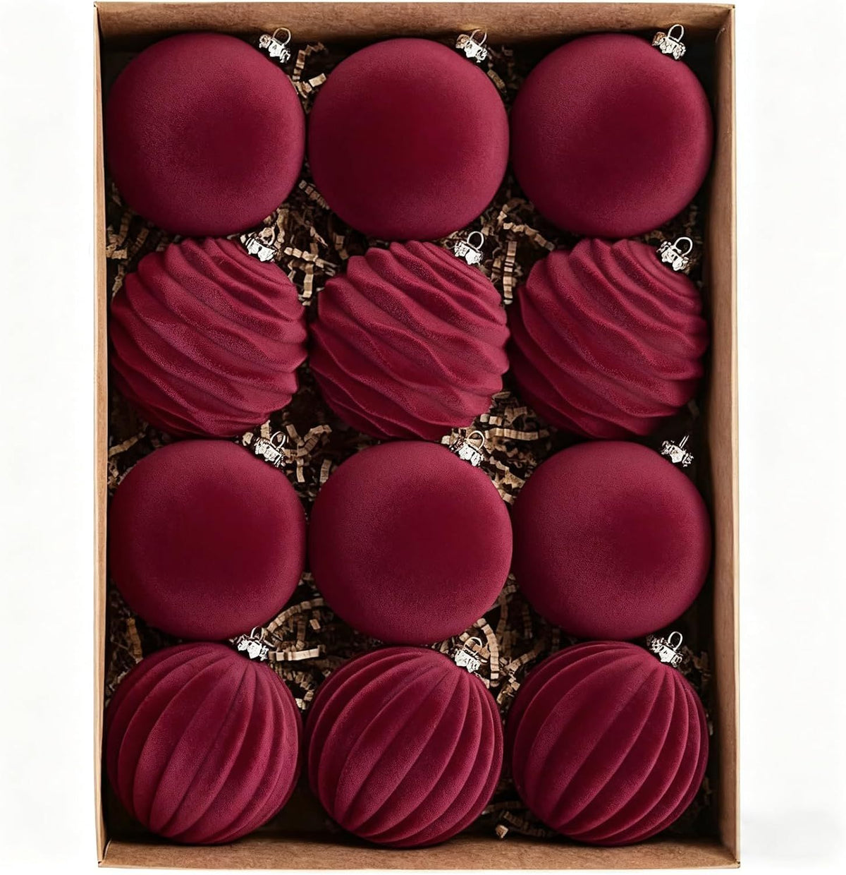 12Pcs Velvet Christmas Tree Ornaments, 2.4'' Burgundy Christmas Ornaments Set, Flocked Shatterproof Xmas Tree Balls Hanging Decorations Set for Holiday Party Home Decor