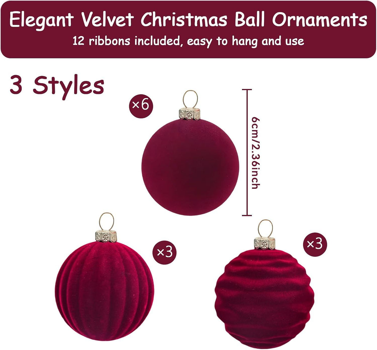 12Pcs Velvet Christmas Tree Ornaments, 2.4'' Burgundy Christmas Ornaments Set, Flocked Shatterproof Xmas Tree Balls Hanging Decorations Set for Holiday Party Home Decor