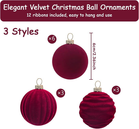 12Pcs Velvet Christmas Tree Ornaments, 2.4'' Burgundy Christmas Ornaments Set, Flocked Shatterproof Xmas Tree Balls Hanging Decorations Set for Holiday Party Home Decor