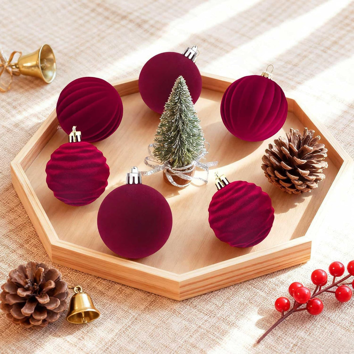 12Pcs Velvet Christmas Tree Ornaments, 2.4'' Burgundy Christmas Ornaments Set, Flocked Shatterproof Xmas Tree Balls Hanging Decorations Set for Holiday Party Home Decor