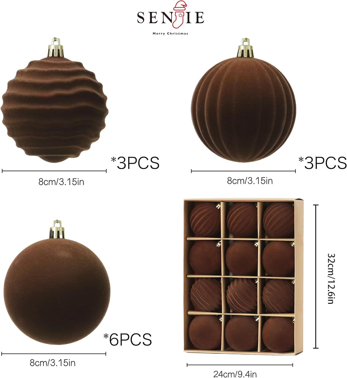 3.15 inch Velvet Christmas Ornaments Balls Sets for Christmas, 12PCS Xmas Tree Flocked Shatterproof Ornaments Balls Decoration Brown