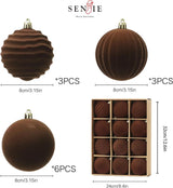 3.15 inch Velvet Christmas Ornaments Balls Sets for Christmas, 12PCS Xmas Tree Flocked Shatterproof Ornaments Balls Decoration Brown