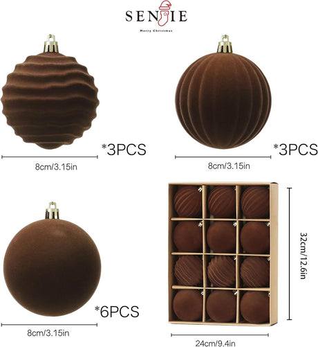 3.15 inch Velvet Christmas Ornaments Balls Sets for Christmas, 12PCS Xmas Tree Flocked Shatterproof Ornaments Balls Decoration Brown