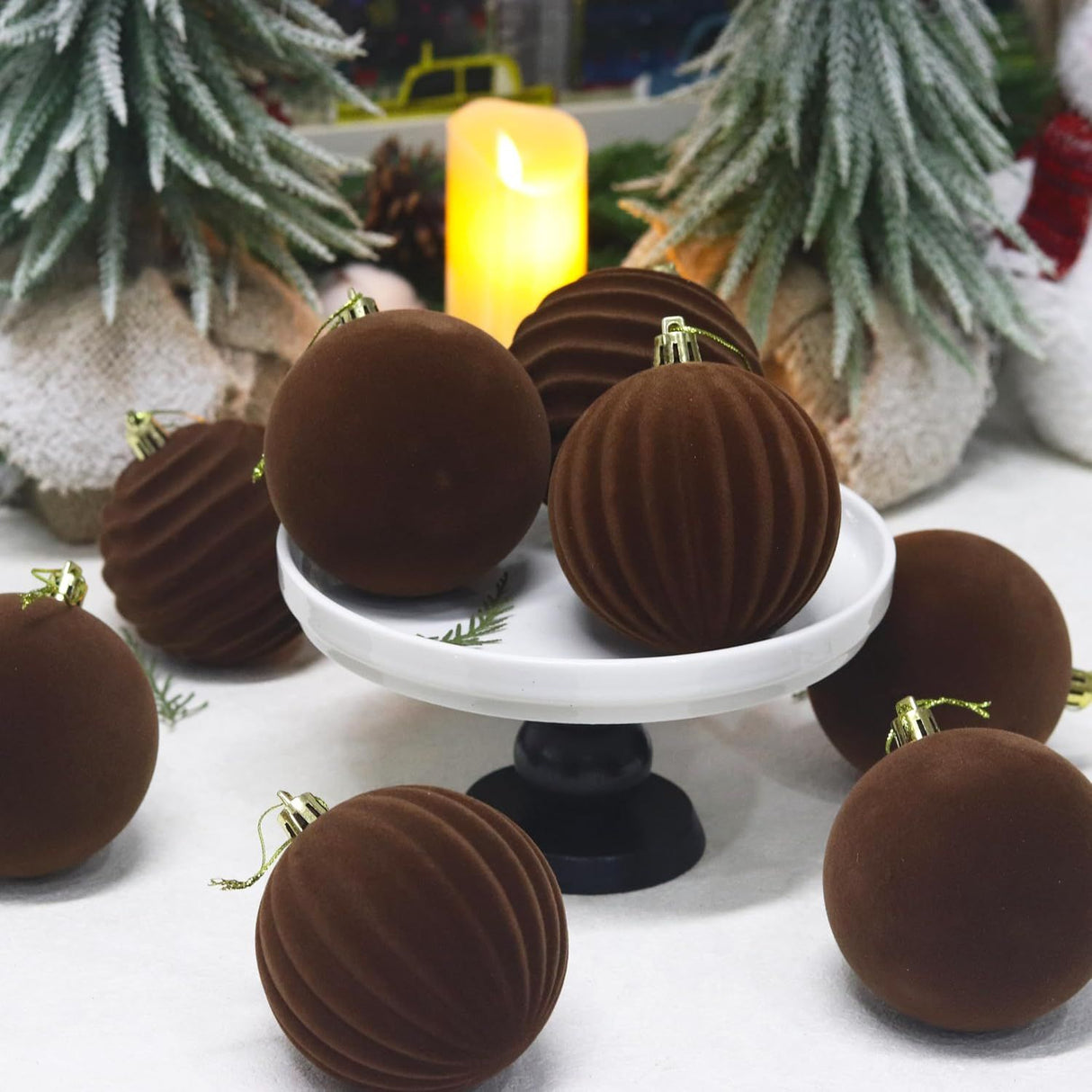 3.15 inch Velvet Christmas Ornaments Balls Sets for Christmas, 12PCS Xmas Tree Flocked Shatterproof Ornaments Balls Decoration Brown