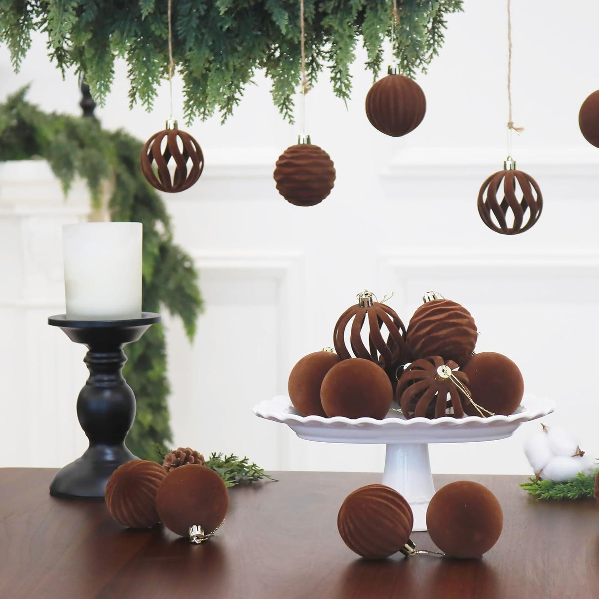 3.15 inch Velvet Christmas Ornaments Balls Sets for Christmas, 12PCS Xmas Tree Flocked Shatterproof Ornaments Balls Decoration Brown