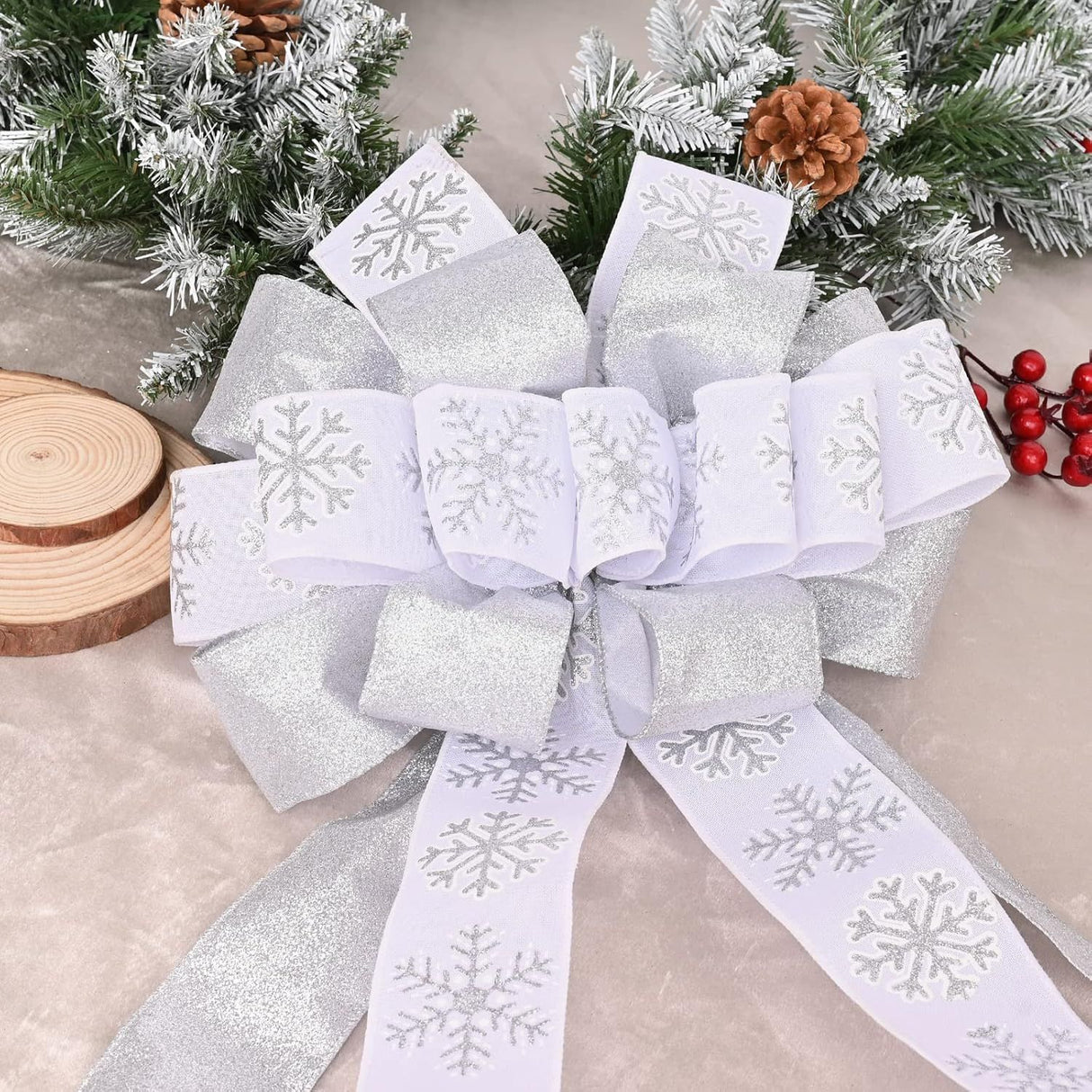 Christmas Tree Topper, 40x13 Inches Toppers Bow with Glitter Satin Mesh Streamer and Patterned Ribbon, Christmas Tree Topper Bow for Christmas Home Decoration (White)