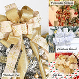 Christmas Tree Topper, 40x13 Inches Toppers Bow with Glitter Satin Mesh Streamer and Patterned Ribbon, Christmas Tree Topper Bow for Christmas Home Decoration (White)