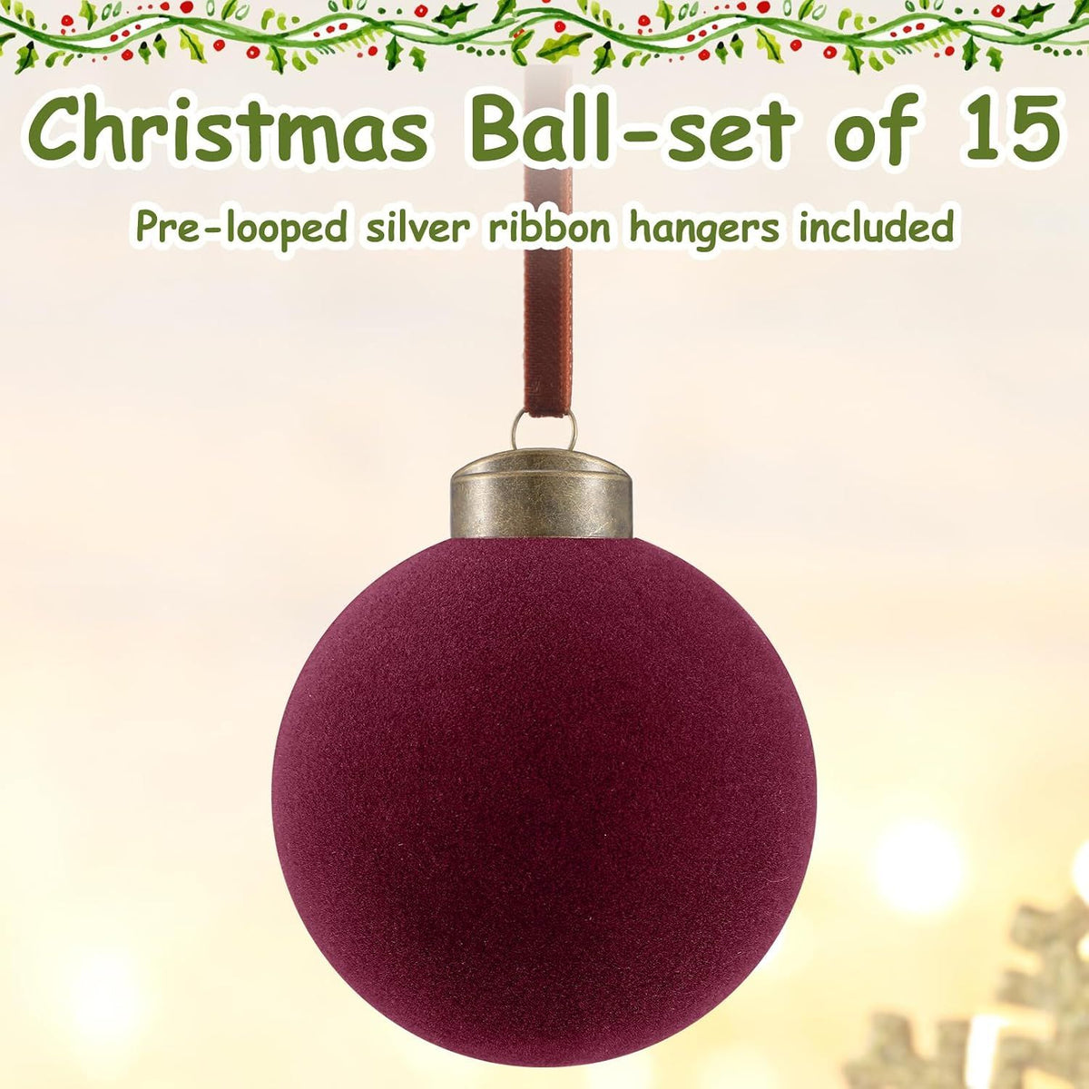 15 Pcs Velvet Christmas Balls Bulk Flocked Christmas Tree Ball Ornaments Plastic Xmas Decorative Hanging Ornaments (Burgundy)