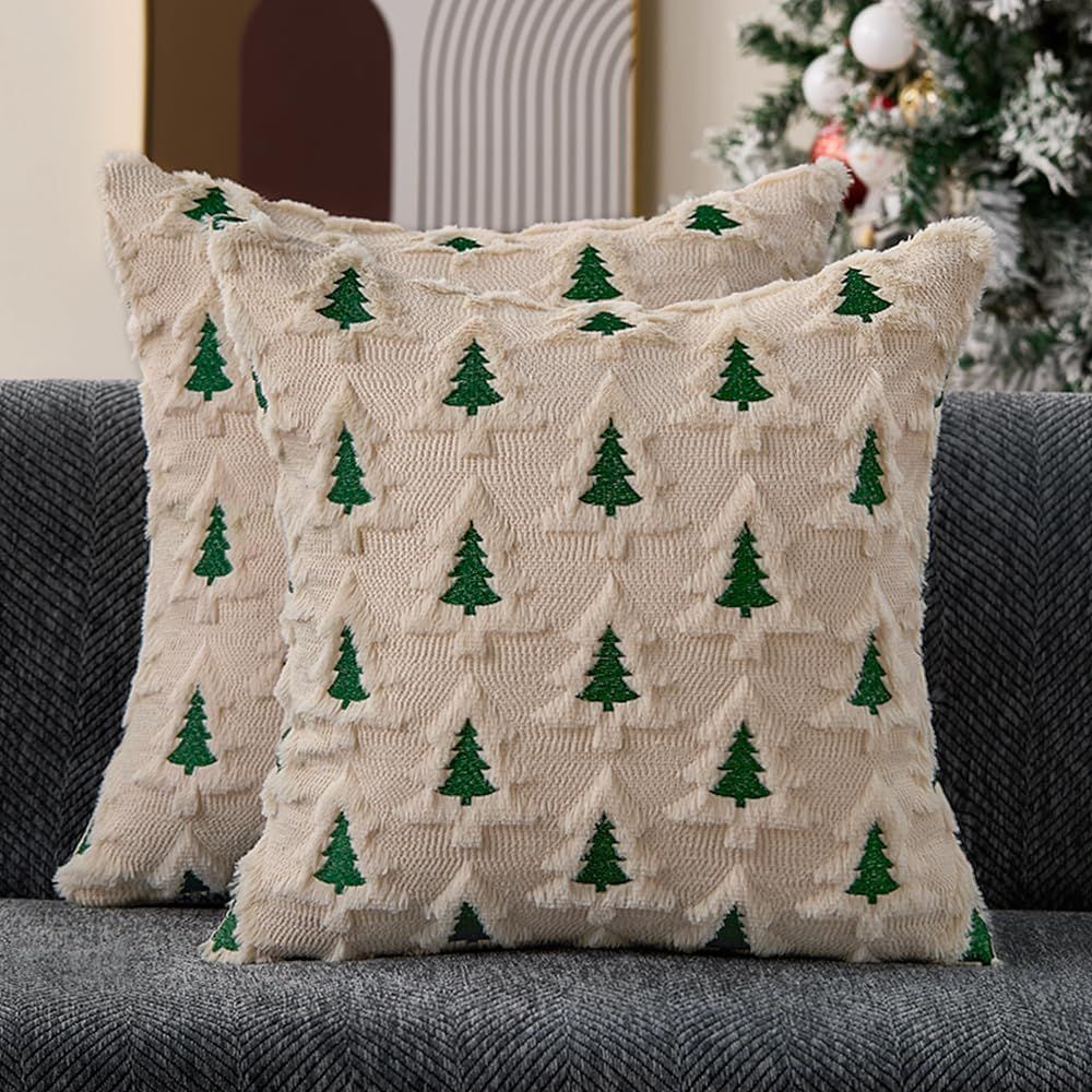 Christmas Pillow Covers 18x18 Set of 2 Beige Double Xmas Tree Pillow Covers Soft Plush Faux Fur Christmas Decorations for Xmas Winter Holiday Home Bedroom Sofa Cushion Cases PT-008C18