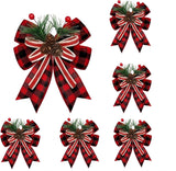 2026 New 6Pcs Christmas Burlap Plaid Bow with Pine Cones Pine Needles Xmas Checkered Ribbon Bow Christmas Tree Decoration Bows for Christmas Parties Indoor Outdoor