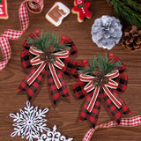 2026 New 6Pcs Christmas Burlap Plaid Bow with Pine Cones Pine Needles Xmas Checkered Ribbon Bow Christmas Tree Decoration Bows for Christmas Parties Indoor Outdoor