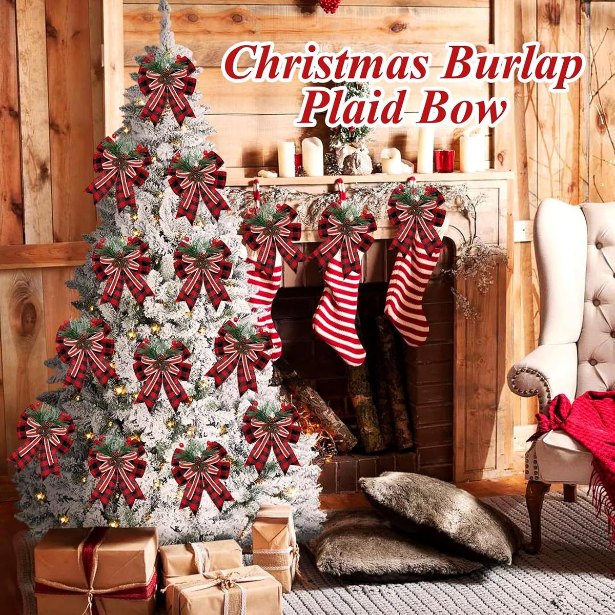 2026 New 6Pcs Christmas Burlap Plaid Bow with Pine Cones Pine Needles Xmas Checkered Ribbon Bow Christmas Tree Decoration Bows for Christmas Parties Indoor Outdoor