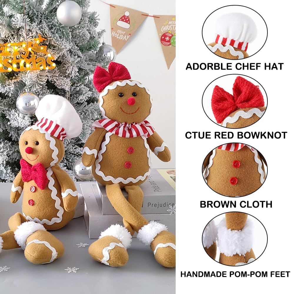 15Inch Large Size Christmas Plush Gingerbread Man Boy Girl Figures with Chef Hat Bowknot Christmas Ornament Home Decorations Doll Soft Door Window Table Tree Holiday Xmas Season Decor