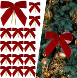 24 Pcs Christmas Bow Christmas Wreath Bows Velvet Ribbon Bows Xmas Tree Ornaments Gift Wrapping Xmas Decoration Handmade Crafts Gifts for Home Indoor Holiday Party (Red)