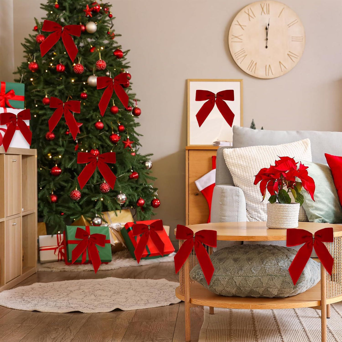 24 Pcs Christmas Bow Christmas Wreath Bows Velvet Ribbon Bows Xmas Tree Ornaments Gift Wrapping Xmas Decoration Handmade Crafts Gifts for Home Indoor Holiday Party (Red)