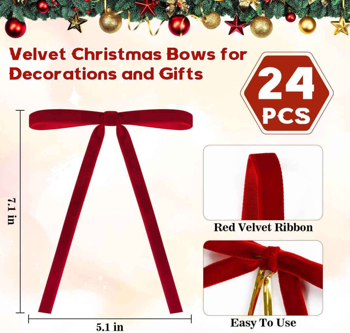 Red Velvet Bows for Christmas Tree, 24 Pcs 5x7 Inch Velvets Ribbon Tree Bows, Velvet Christmas Ornaments for Trees Decorations Wreath Outdoor Indoor