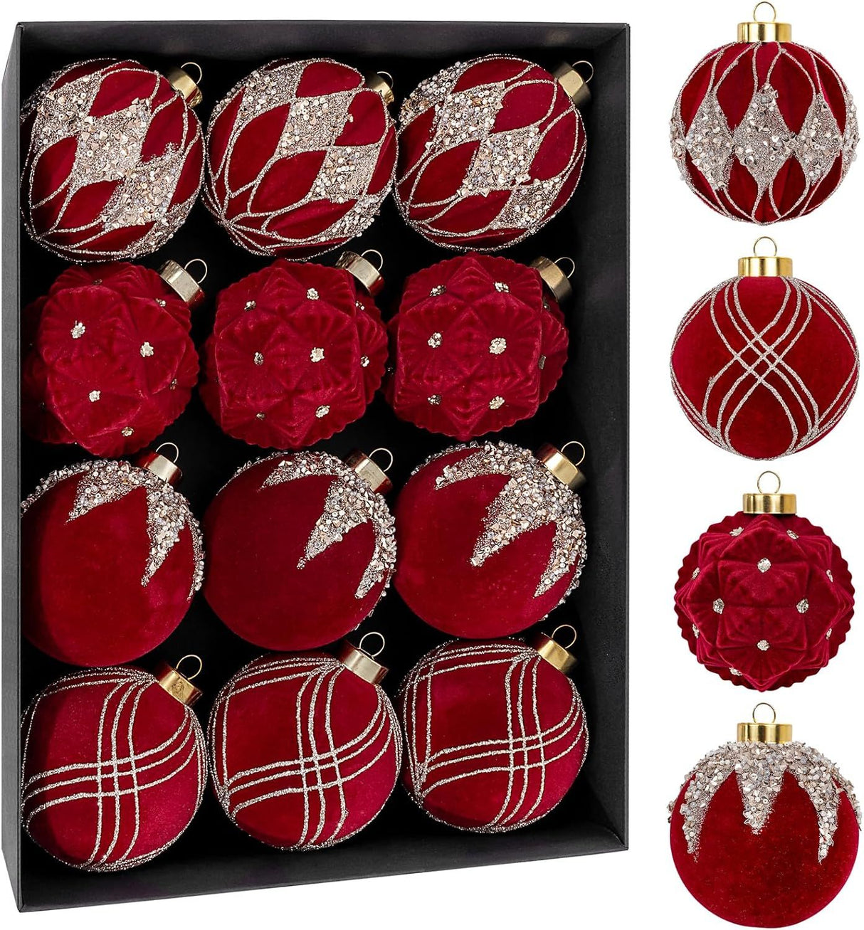 12PCS Burgundy Velvet Christmas Ornaments - Red Christmas Balls - 80mm Glitter Tree Decoration, Gift Box