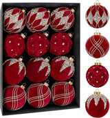 12PCS Burgundy Velvet Christmas Ornaments - Red Christmas Balls - 80mm Glitter Tree Decoration, Gift Box