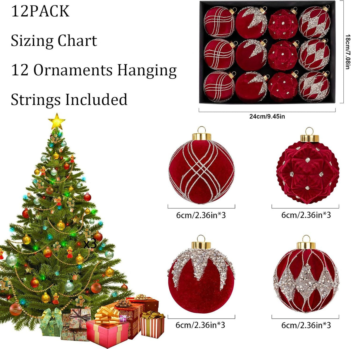 12PCS Burgundy Velvet Christmas Ornaments - Red Christmas Balls - 80mm Glitter Tree Decoration, Gift Box