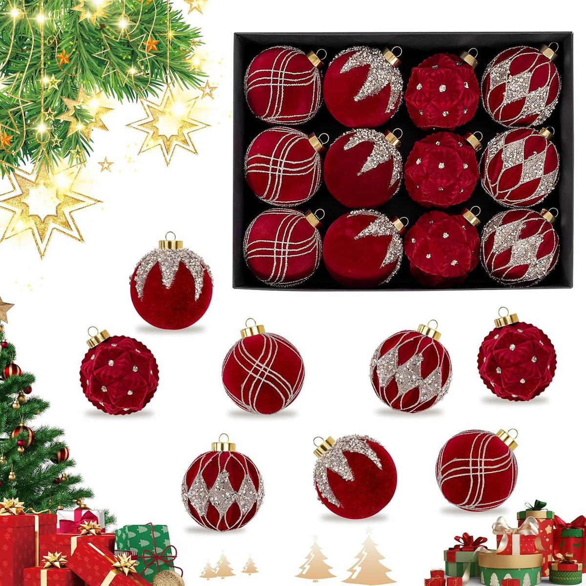 12PCS Burgundy Velvet Christmas Ornaments - Red Christmas Balls - 80mm Glitter Tree Decoration, Gift Box