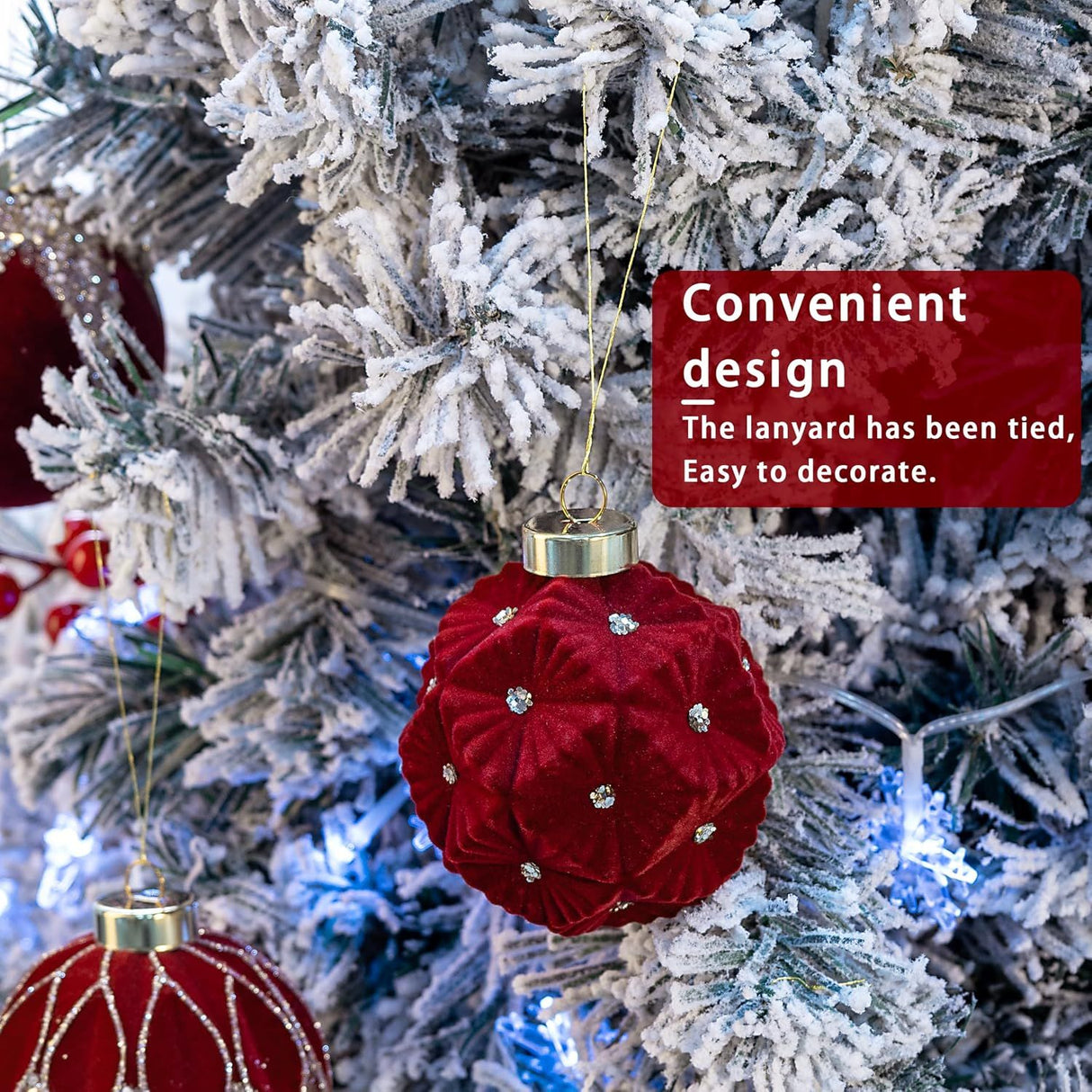 12PCS Burgundy Velvet Christmas Ornaments - Red Christmas Balls - 80mm Glitter Tree Decoration, Gift Box