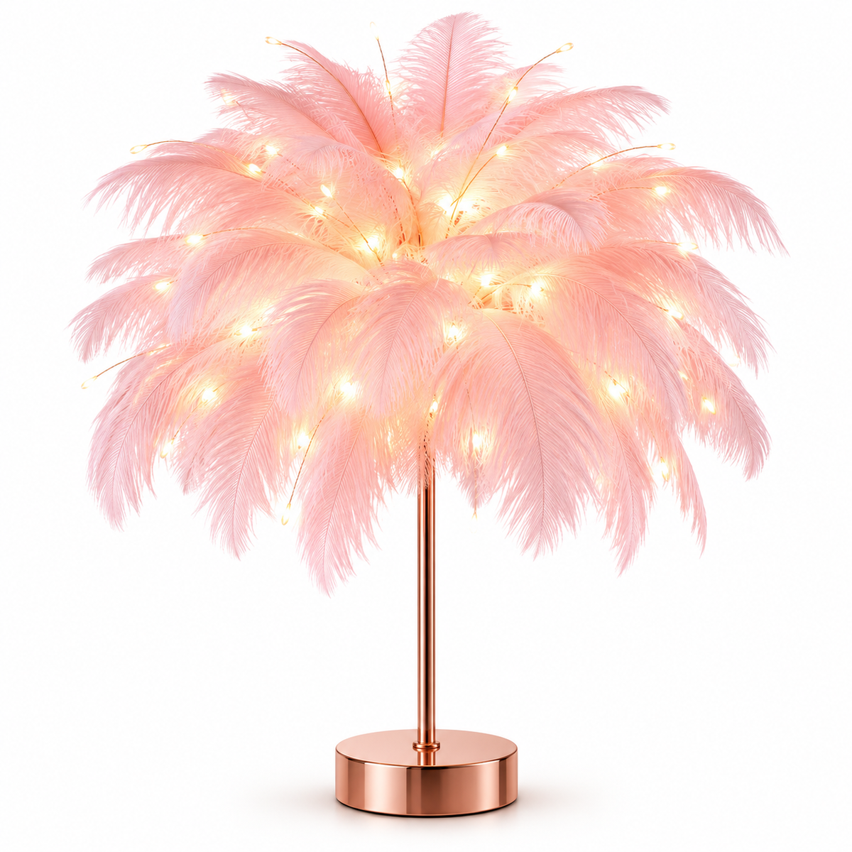 Ostrich Feather Table Lamp White, 80 Hand-Woven Natural Feathers, 3 Colour Temperature Touch Dimming, USB Rechargeable LED Bedside Lamp with Gold Metal Base